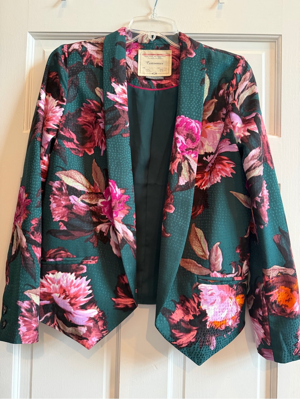 Anthropologie Cartonnier Teal Blazer with Pink Floral Print Size 4